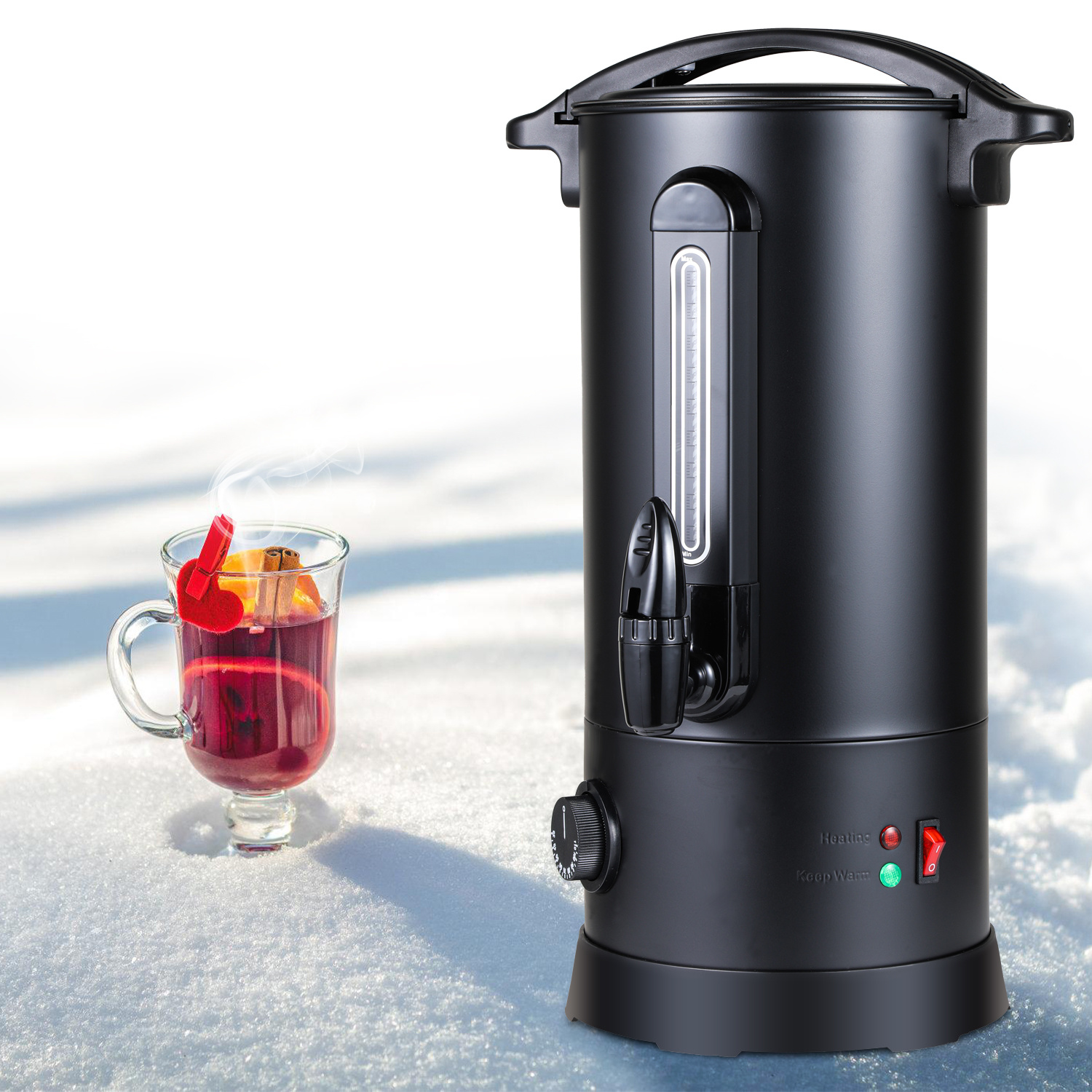 Tolletour Glühweinkocher 10 L, 1500 W, Edelstahl-heißgetränkespender, 30–95 °c, Zapfhahn, Sichtfenster, Schwarz