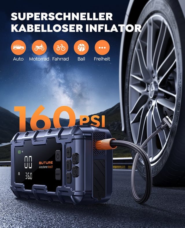 Buture Starthilfe Powerbank mit Luftkompressor,160PSI 6000A Auto Starthilfe, PD 45W Eingang/Ausgang, Starthilfe(Bis zu All Benzin und 12.0L