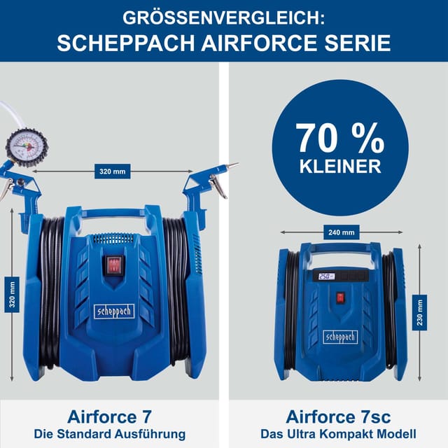 Kompressor Airforce 7 Scheppach - 230V | 8 bar Arbeitsdruck | 180 L/min | ölfrei & mobil 8m Arbeitsradius | inkl. Reifenfüller, Luftpistole & Adapter