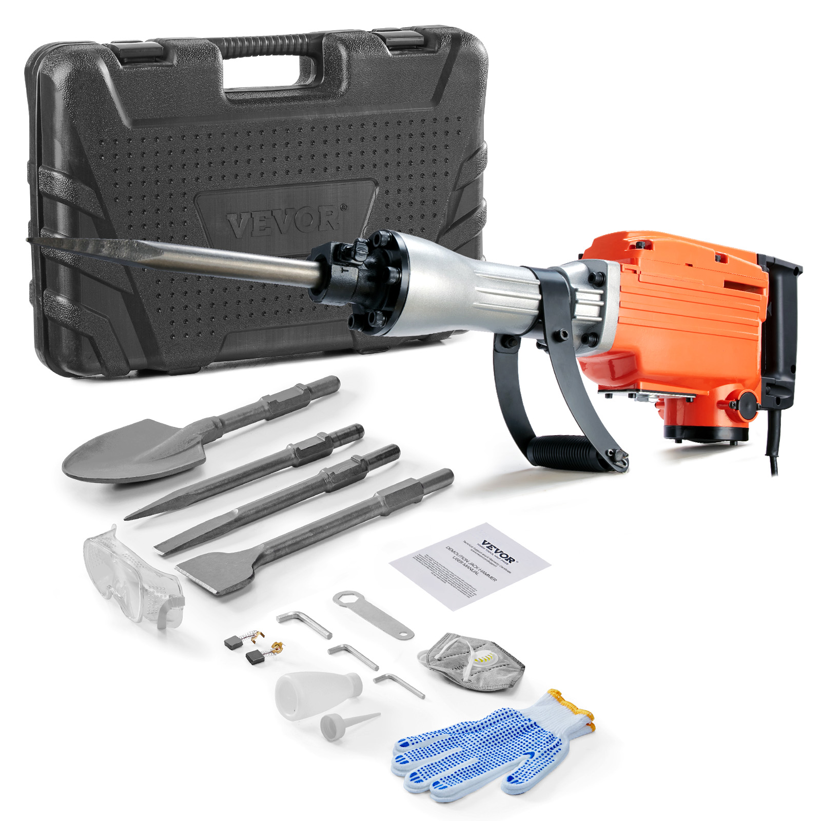 Vevor Abbruchhammer 2200 W, Bohrhammer Betonhammer 66 J 1350 Schläge/min, Stemmhammer Mit 4 Meißelaufsätzen, Handschuhen, Transportbox, 360° Schwenkbarem Frontgriff Zum Aufbrechen Von Beton