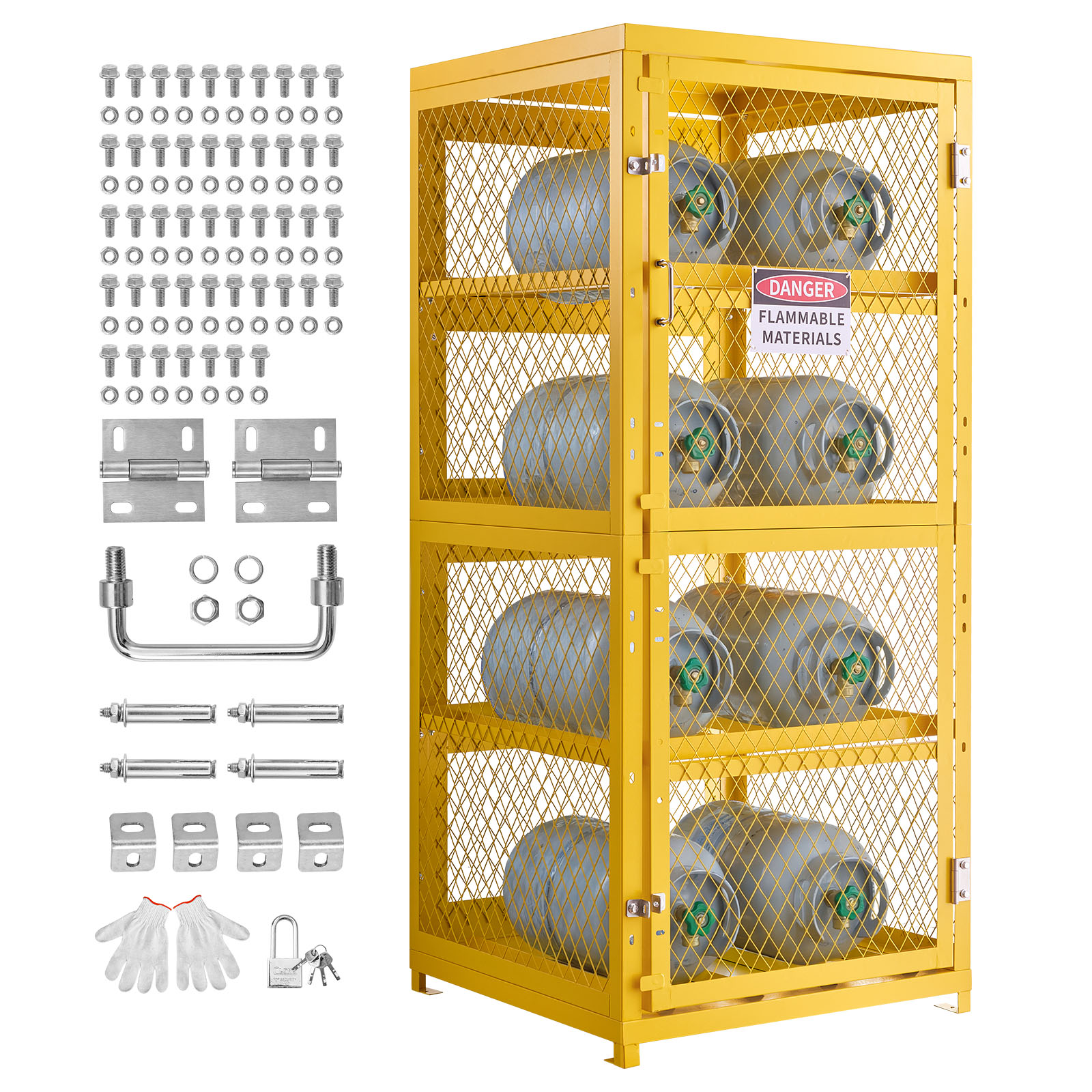 Vevor Gasflaschenschrank 762x762x1785 Mm, Gefahrstoffschrank Aus Kohlenstoffstahl, 4-stöckiger Propangaslagerkäfig Für 8 Zylinder, Mit Schloss & Schlüsseln, Für Propan, Sauerstoff, Stickstoff