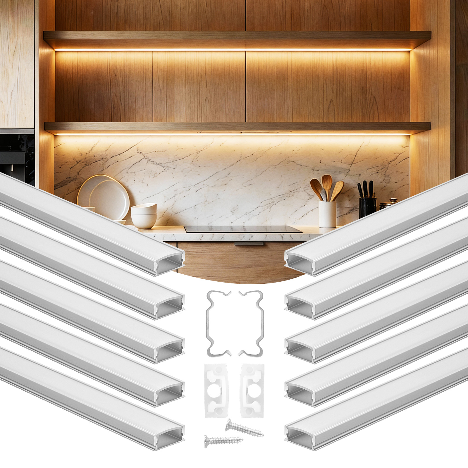 Vevor Led Profil 10er-pack 1 M, Eloxierte Aluminiumprofile Mit Milchiger Abdeckung, Endkappen & Befestigungsclips, Kanäle, Diffusor Für Led-streifen, Ideal Für Unterbau-arbeitsplatten, U-form