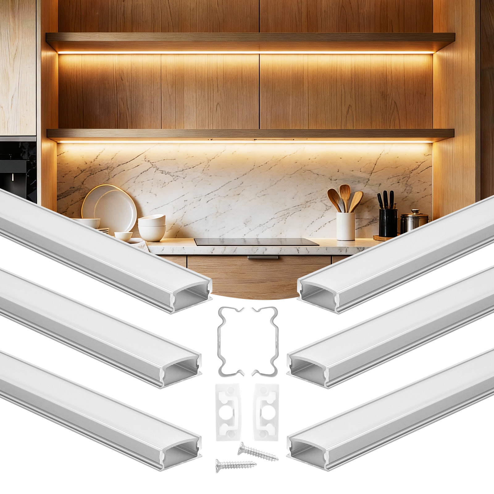 Vevor Led Profil 6er-pack 1 M, Eloxierte Aluminiumprofile Mit Milchiger Abdeckung, Endkappen & Befestigungsclips, Kanäle, Diffusor Für Led-streifen, Ideal Für Unterbau-arbeitsplatten, U Form