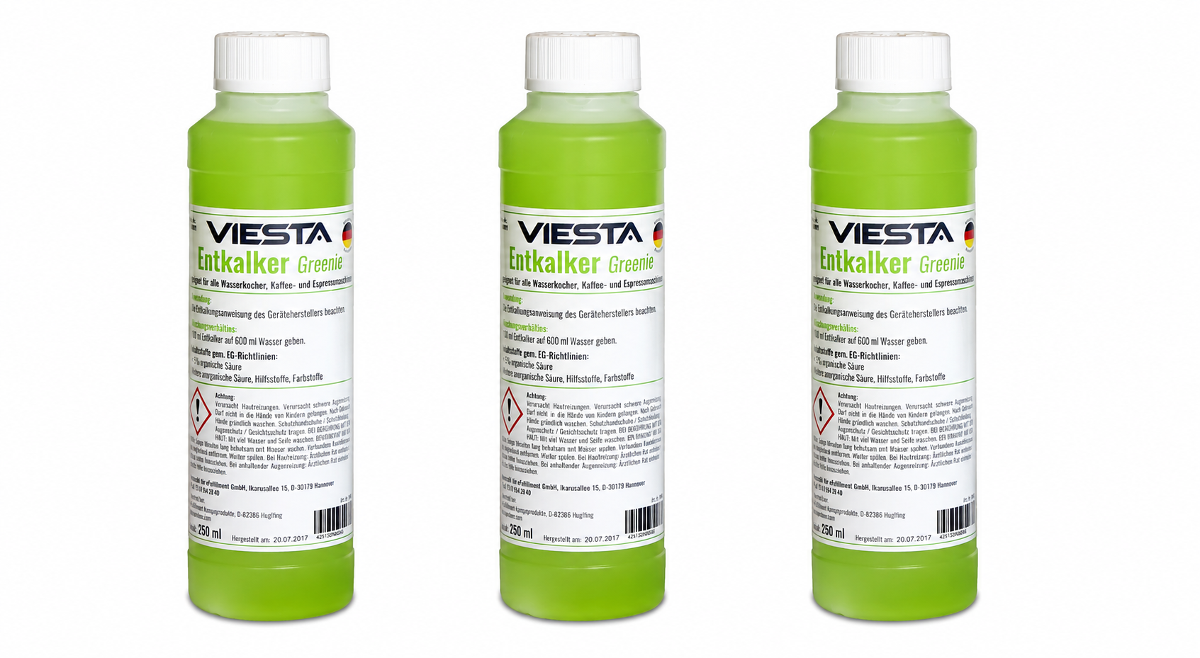 Viesta® Entkalker Greenie 3x 250 Ml (750 Ml) – Kalklöser Für Kaffeevollautomaten & Kaffeemaschinen – Zitronensäure, Schonend & Natürlich – Vorratspack