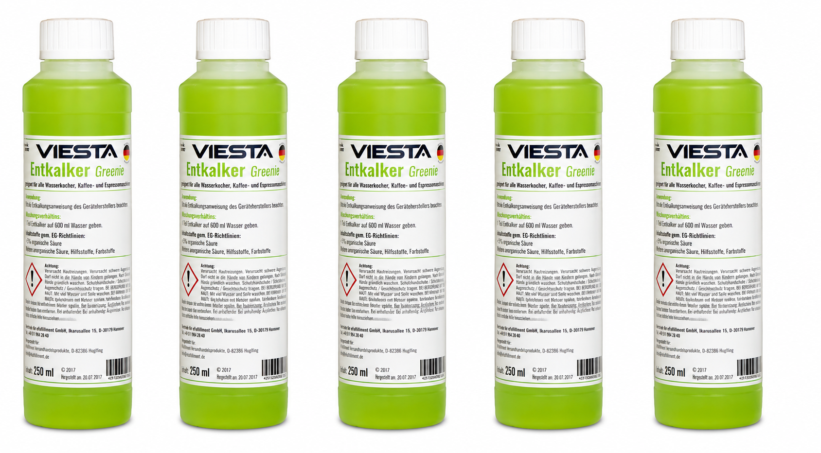 Viesta® Entkalker Greenie 5x250 Ml (1250 Ml) – Kalklöser Für Kaffeevollautomaten & Kaffeemaschinen – Zitronensäure, Schonend & Natürlich – Vorratspack
