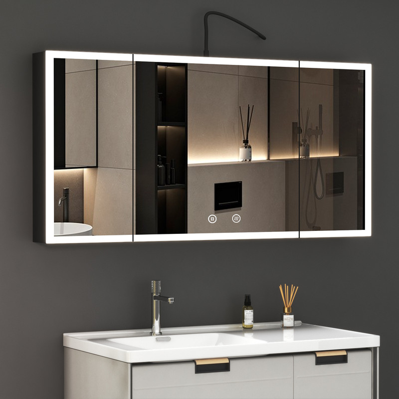 Wdwritti Großer Spiegelschrank Bad Mit Beleuchtung 120x60cm, Spiegelschrank Schwarz Mit Beleuchtung Badezimmerschrank Mit Spiegel Bad-hängeschränke Mit 3 Einstellbare Lichtfarben, Beschlagfrei, Komple