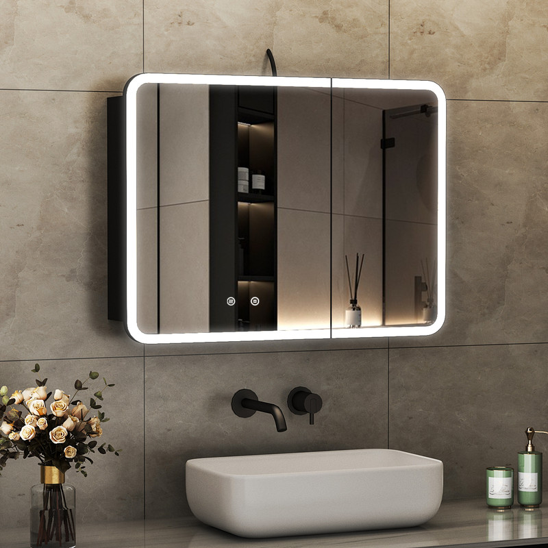 Wdwritti Schwarz Spiegelschrank Bad Mit Beleuchtung 80x60cm Spiegelschrank Mit Beleuchtung Badspiegel Schwarz Badezimmerschrank Mit Spiegel Hängeschränke Mit 3 Einstellbare Lichtfarben, Beschlagfrei,