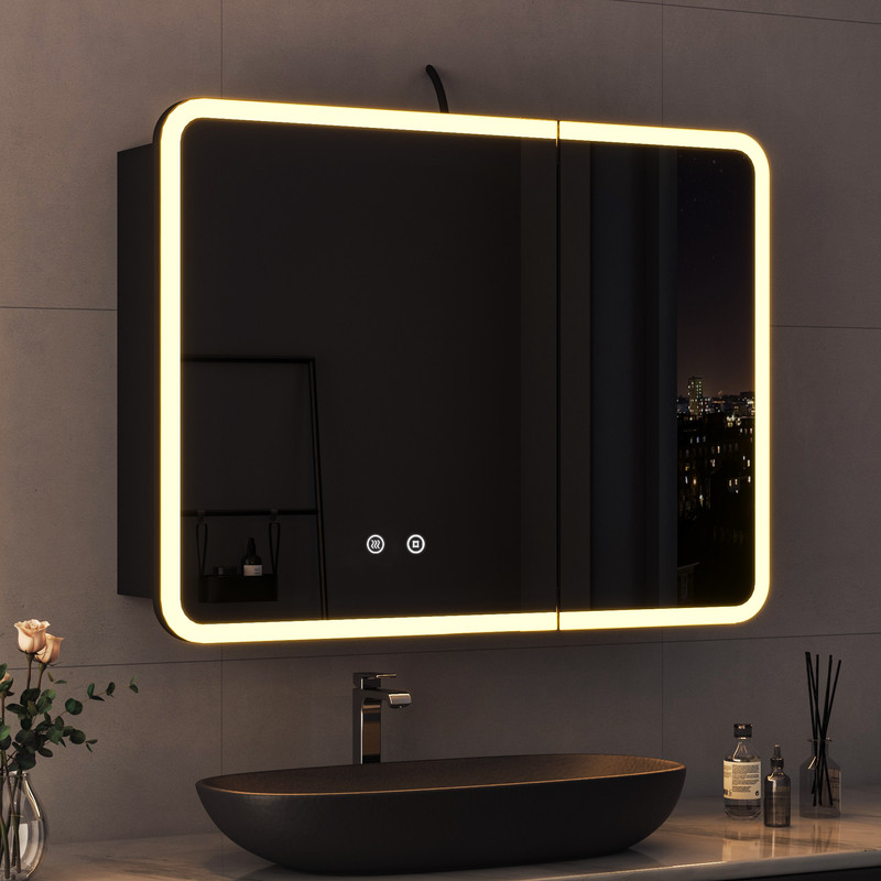 Wdwritti 80x60cm Schwarz Spiegelschrank Bad Mit Beleuchtung Led Spiegelschrank Mit Beleuchtung Aluminium Badezimmerschrank Mit Spiegel Hängeschränke Medizin Kabinett Mit 3 Einstellbare Lichtfarben + B