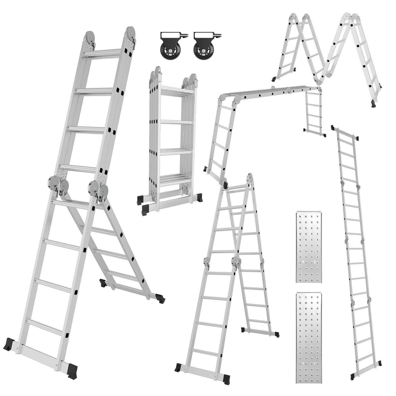 Wolketon 7in1 Mehrzweckleiter 4x4 Stufen Aus Aluminium, Ca. 470cm / 4.7m, Multifunktions-gelenkleiter Mit 2 Plattformen & 2 Rollen, Max. Belastbarkeit 150 Kg