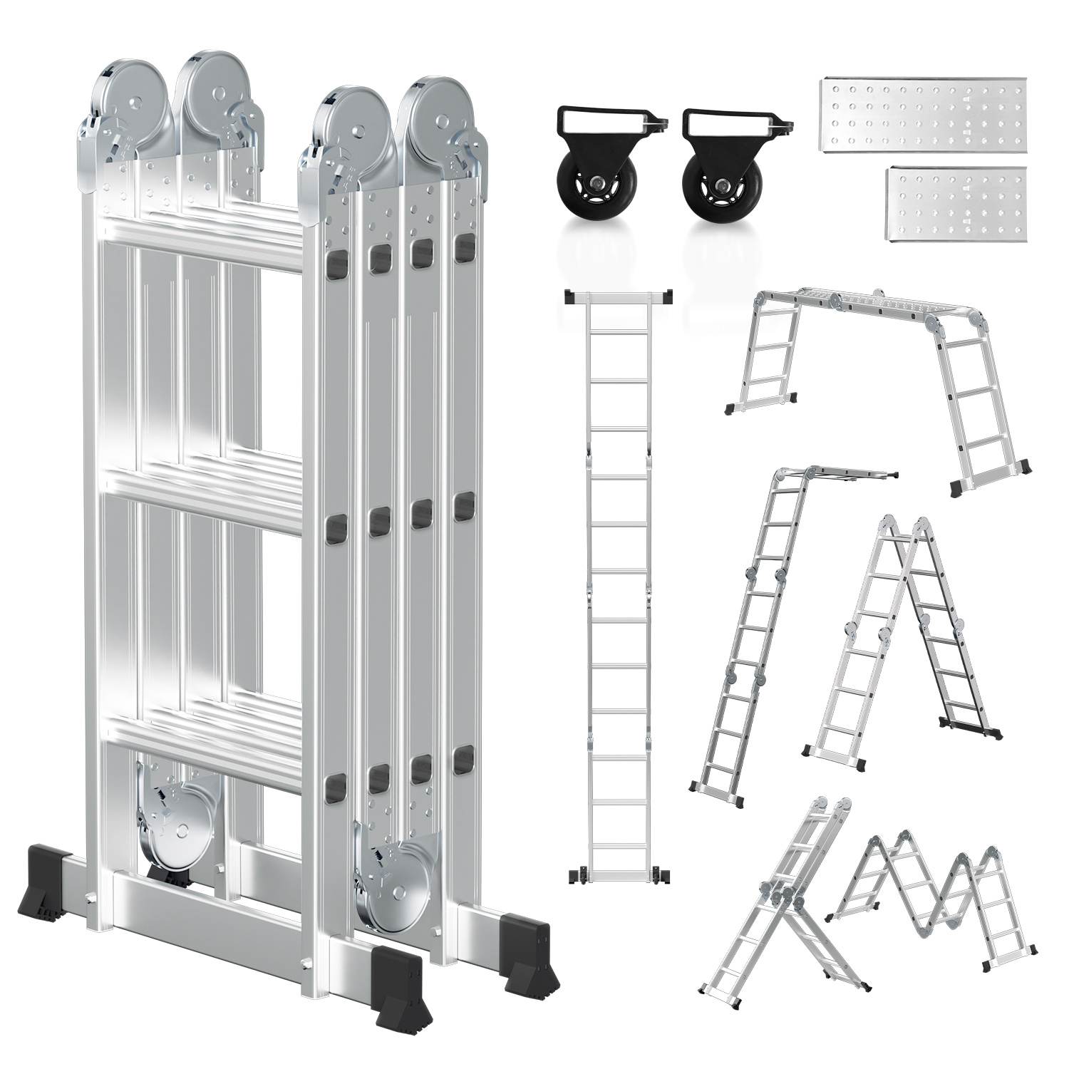 Wolketon Mehrzweckleiter 7in1 Aluminium 4x3 Stufen, Ca. 360cm / 3.6m, Gelenkleiter Klappleiter Mit 2 Plattformen + 2 Rollen, Max. Belastbarkeit 150 Kg