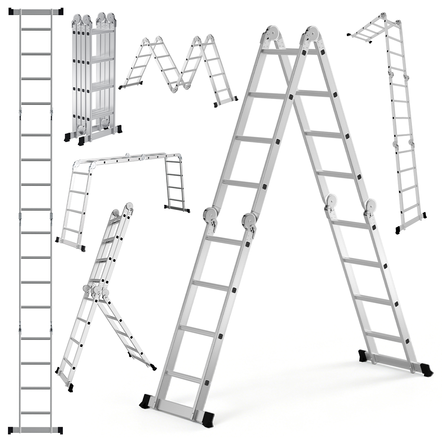 Wolketon Aluminium Mehrzweckleiter 7in1 4x4 Stufen, Ca. 470cm / 4.7m, Klappbare Gelenkleiter Für Haus & Werkstatt, Anlegeleiter, Max. Belastbarkeit 150 Kg