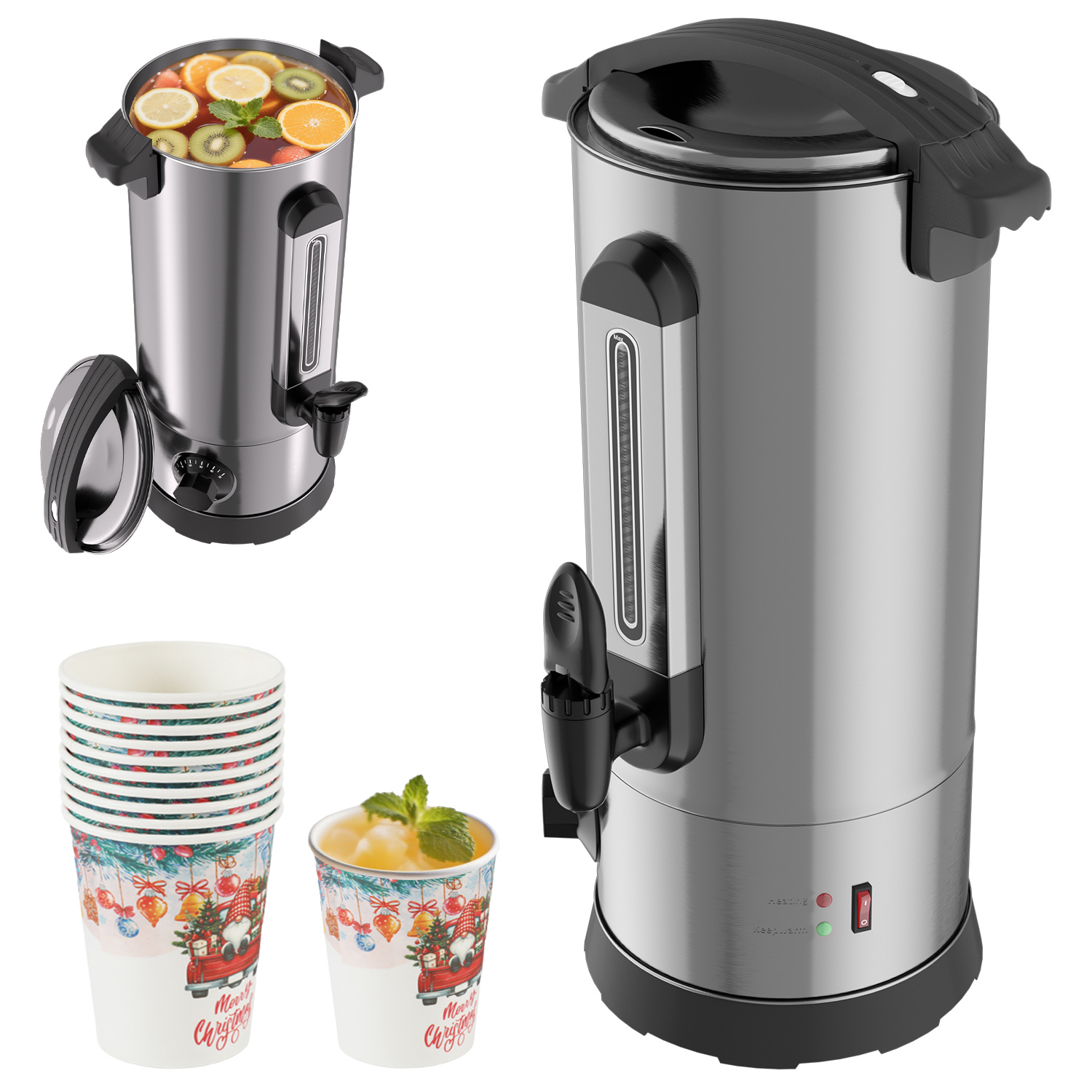 Wolketon Distributeur De Boissons Chaudes 10 L, 1500 W, Inox Noir, Thermostat 30–95 °c, Robinet Et Indicateur De Niveau