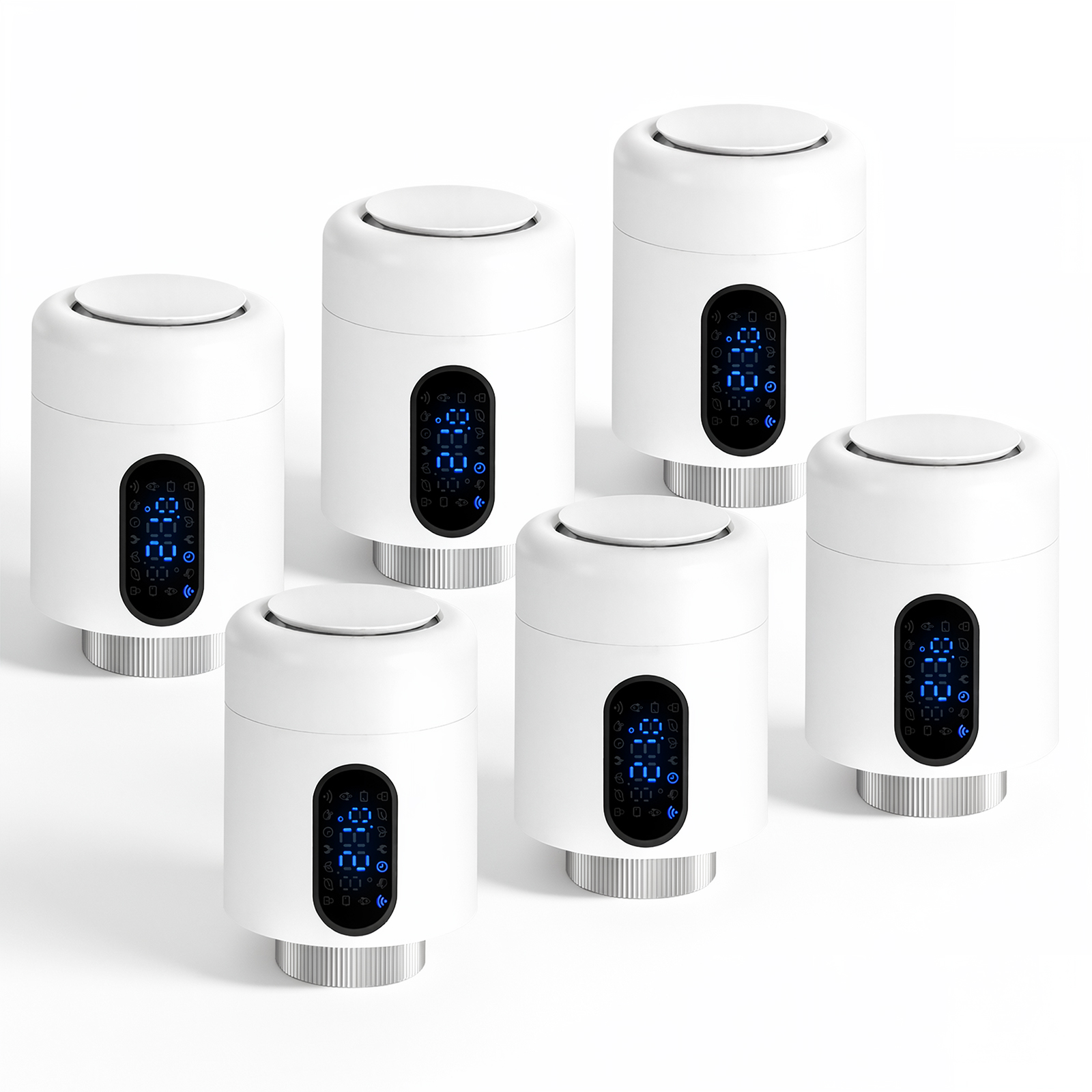 Wolketon Smartes Heizkörperthermostat Wifi, App-steuerung, Smart Life/tuya, 7 Ventiladapter Je Thermostat, Weiß, 6er-set