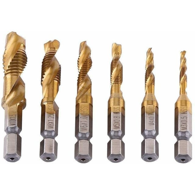 Metrischer Gewindebohrer, HSS-Gewindebohrer-Bohrer, 6-teiliges Bohrer-Set, Senker-Gewindebohrer-Hammerbohrer (M3-M10) für Titan-Sechskantgewinde,