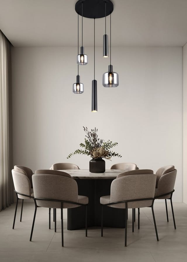 Cluster Pendelleuchte mataro 5-flammig aus Metall mit Glasschirmen Chrom, ø 40cm