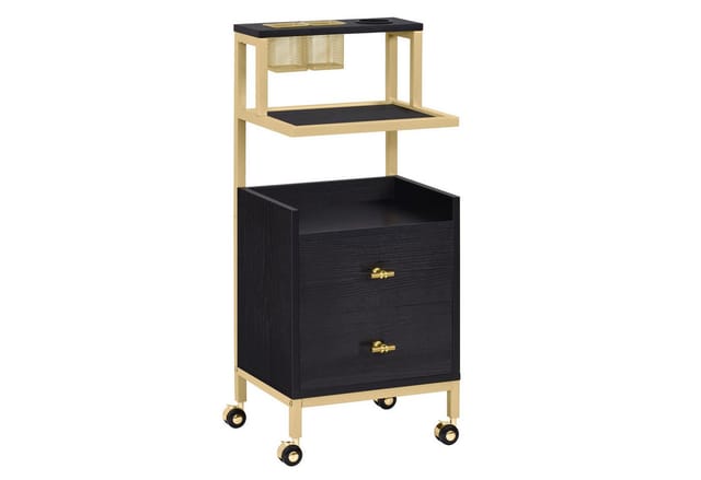 Friseurwagen mit Rollen & 2 Schubladen, Rollwagen Servierwagen Schwarz-Gold, Salon Trolley mit 2 Ablagen & Föhnhalter, Moderner Arbeitswagen für Bad