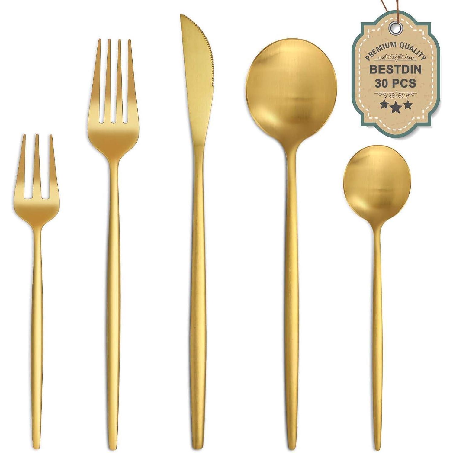 Besteckset 30 Teile Für 6 Personen, Edelstahl Gold Matt, Spülmaschinenfest