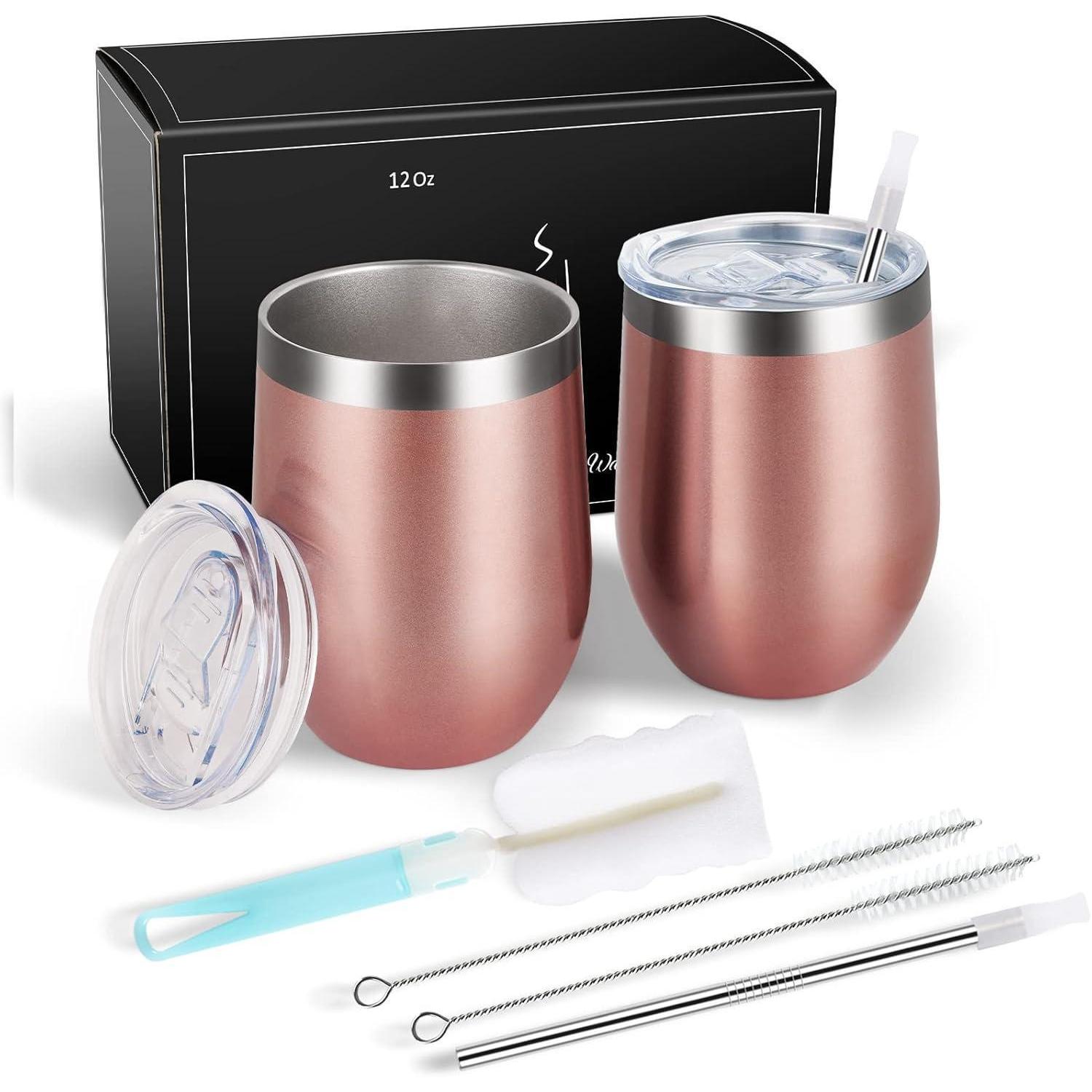 2er Set Edelstahl Weinbecher Mit Deckel, 12oz, Doppelwandig, Isoliert, Rosagold