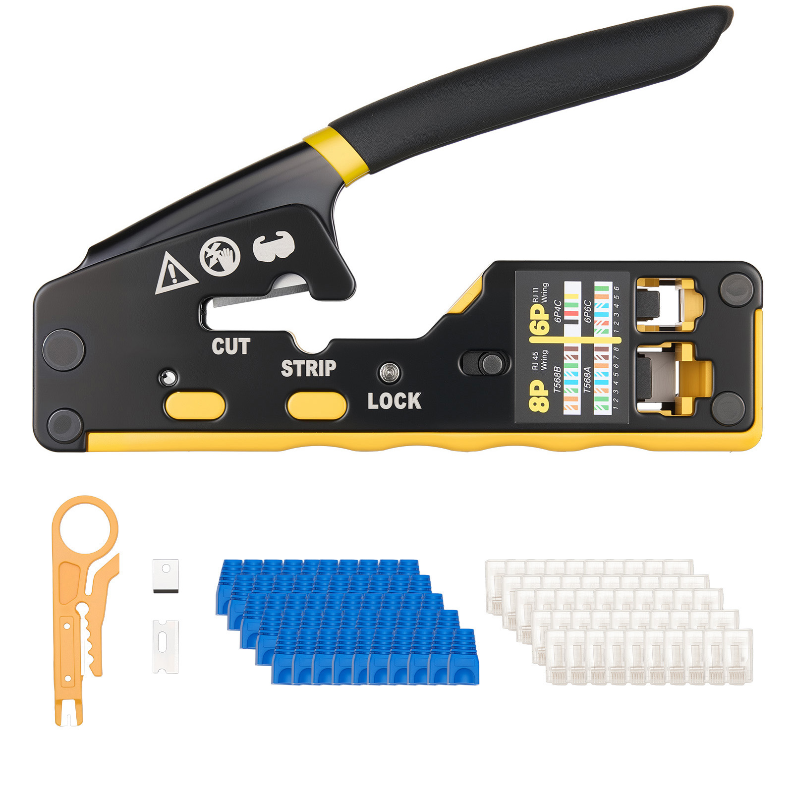 Mophorn Netzwerk-werkzeugset, Rj45/rj11/rj12 Ethernet-crimpzange-set Für 4/6/8-polige Modularstecker, Inklusive Mini-abisolierzange, 50 Steckern, 50 Tüllen, Ersatzklingen Und Netzwerkkabeltester