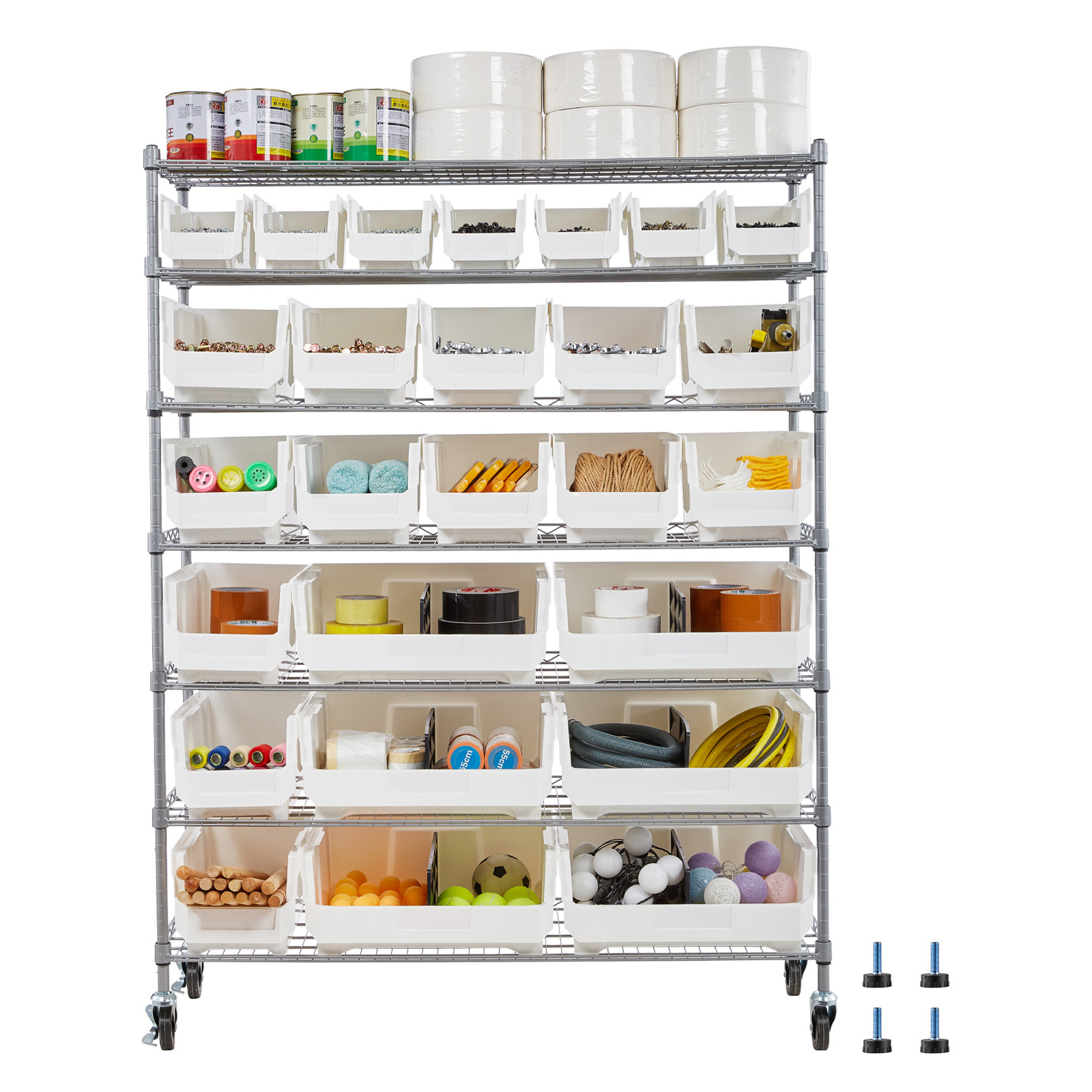 Mophorn 7-stöckiges Rollregal Mit 26 Aufbewahrungsboxen, Flexibles Drahtregalsystem Mit Rollen, Vielseitige Aufbewahrungslösung Für Garage, Lager, Büro, Restaurant, Klassenzimmer Und Küche