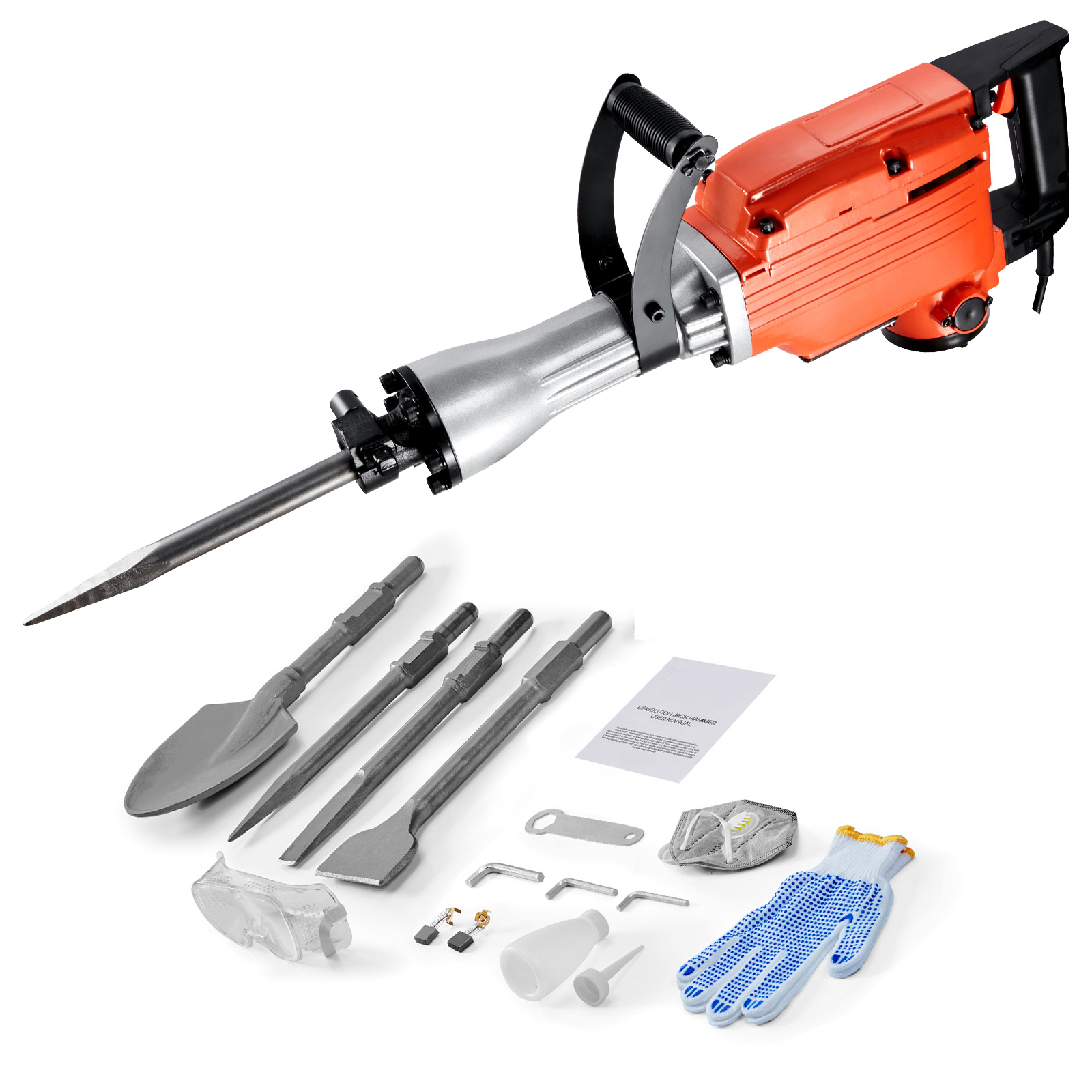 Mophorn Abbruchhammer 2200 W, Bohrhammer Betonhammer 66 J 1350 Schläge/min, Stemmhammer Mit 4 Meißeln, Handschuhen, Transportkoffer, 360° Drehgriff Für Betonarbeiten