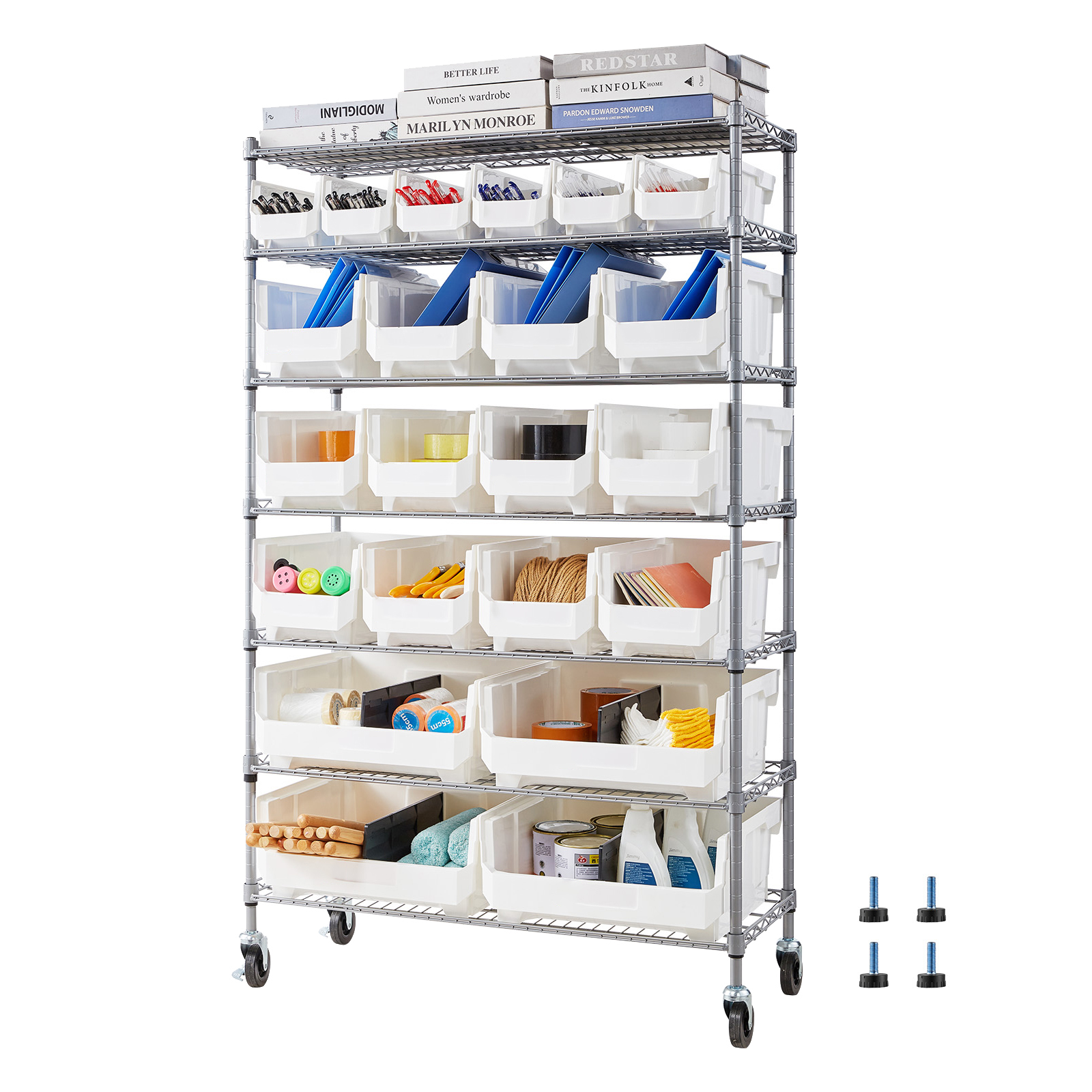 Mophorn Standregal Mit 22 Stapelbaren Boxen, Vielseitiges Lagerregal Mit Rollen, Ideal Für Garage, Büro, Küche, Lager, Restaurant, Klassenzimmer, 355x900x1490 Mm