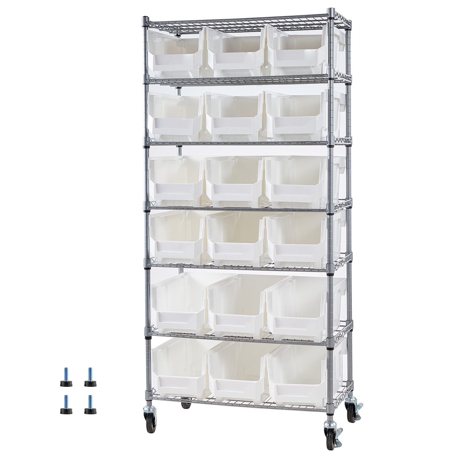 Mophorn Standregal Mit 7 Ebenen Und 18 Stapelboxen, Vielseitiges Regal Mit Rollen, Ideal Für Werkzeuge, Bücher Oder Küchenutensilien, Geeignet Für Garage, Klassenzimmer Und Küche, 690x355x1490 Mm