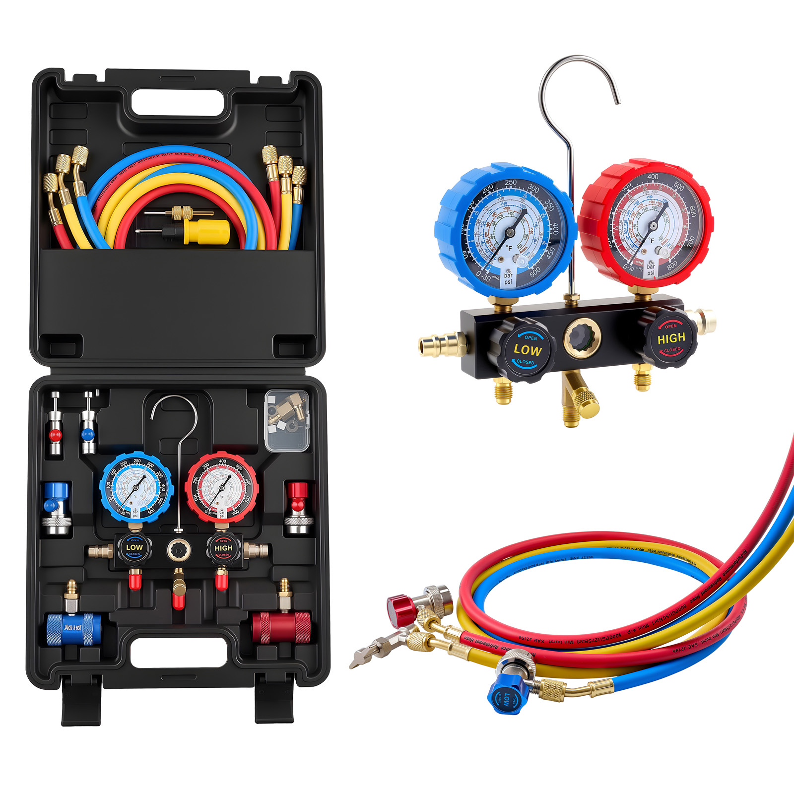 Mophorn Manometer-set Für Klimaanlagen Mit R134a R404a R1234y R22 Kältemitteln, 3-wege-anzeige Mit 1,5-m-schläuchen, Adaptern, Schnellkupplungen Und Dosenanschlüssen – Ideal Für Fahrzeug-klimasysteme