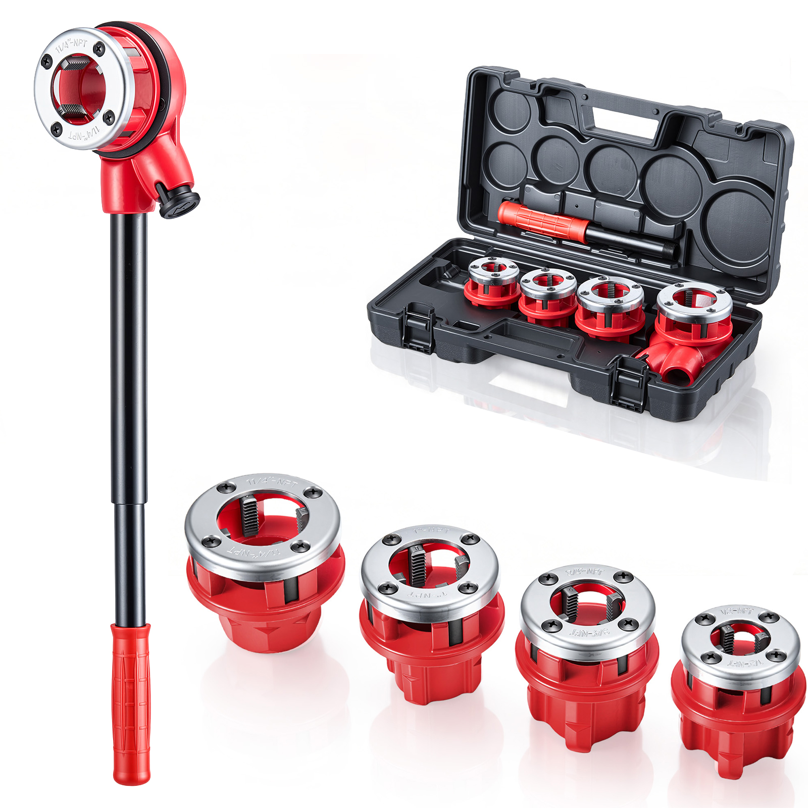 Mophorn Gewindeschneidkluppensatz Mit 4 Schneidköpfen, Handwerkzeug Für Rohrgewinde Von 1/2 Bis 1-1/4 Zoll Npt, Manuelles Gewindeschneidset Mit Aufbewahrungskasten Für Reparaturarbeiten