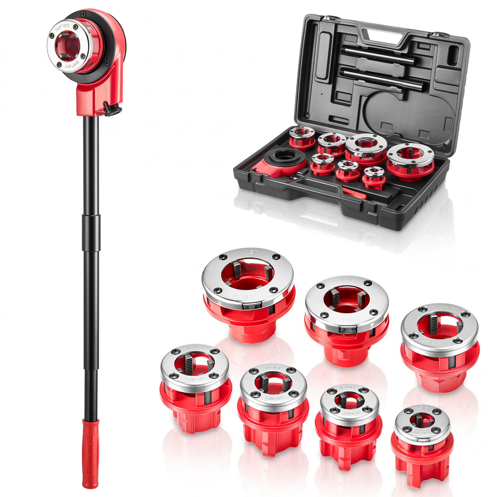 Mophorn Gewindeschneidkluppensatz Mit 7 Schneidköpfen, Manueller Rohrgewindeschneider Für Npt-gewinde Von 3/8 Bis 2 Zoll, Handwerkzeug Mit Aufbewahrungskasten Für Sanitärarbeiten Und Reparaturen