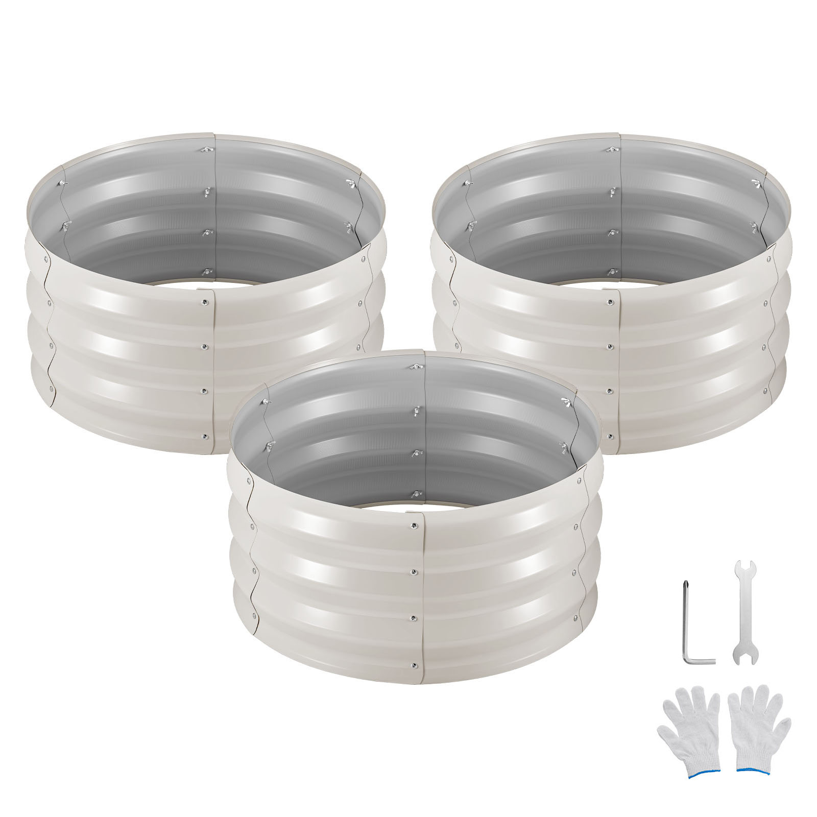 Mophorn Hochbeet Metall 3er-set Φ60x30 Cm, Rundes Gartenbeet, Pflanzkasten Für Außenbereiche, Gemüsebeet Mit Handschuhen, Bodenloses Blumenbeet, Pflanzbeet Für Kräuter, Gemüse & Blumen, Beige