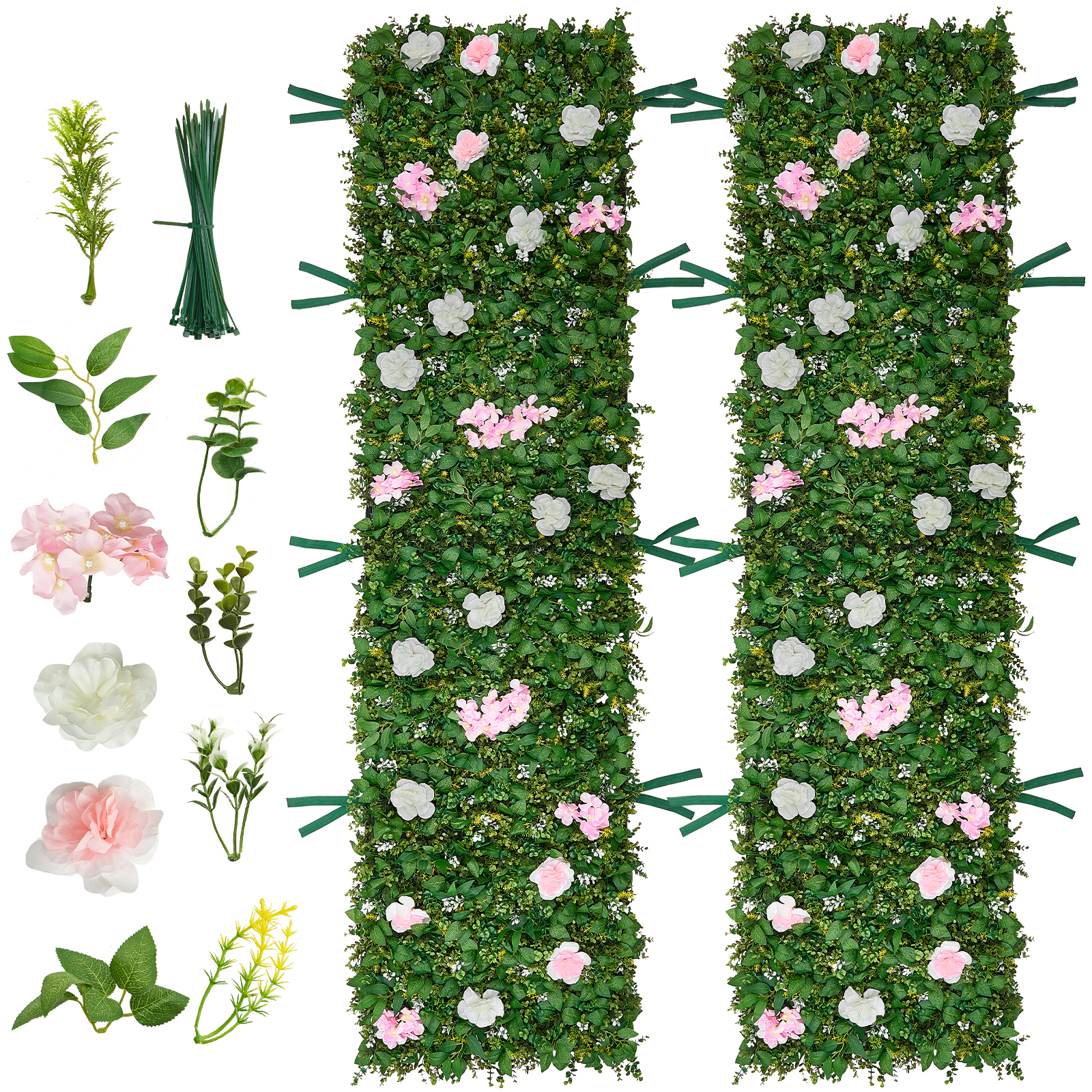 Mophorn Künstliche Hecke 2,4 M X 61 Cm 2 Stk., Pflanzenwand Aus Pe, Sichtschutzzaun Mit Seidenblumen, Dekorativer Heckenzaun, Kunstpflanzen Balkonverkleidung Für Hochzeiten, Gärten Und Hinterhöfe