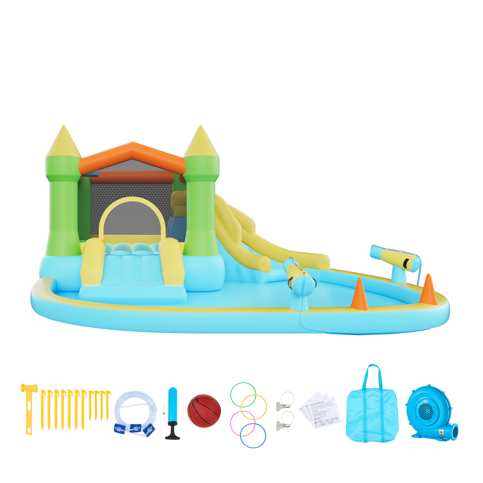 Mophorn Aufblasbare Wasserhüpfburg (382 X 398 X 197 Cm), Spielburg Mit Rutsche, Hüpfbereich, Basketballkorb, Planschbecken Und Wasserringwurfspiel, Geeignet Für 3–4 Kinder Im Alter Von 3 Bis 8 Jahren