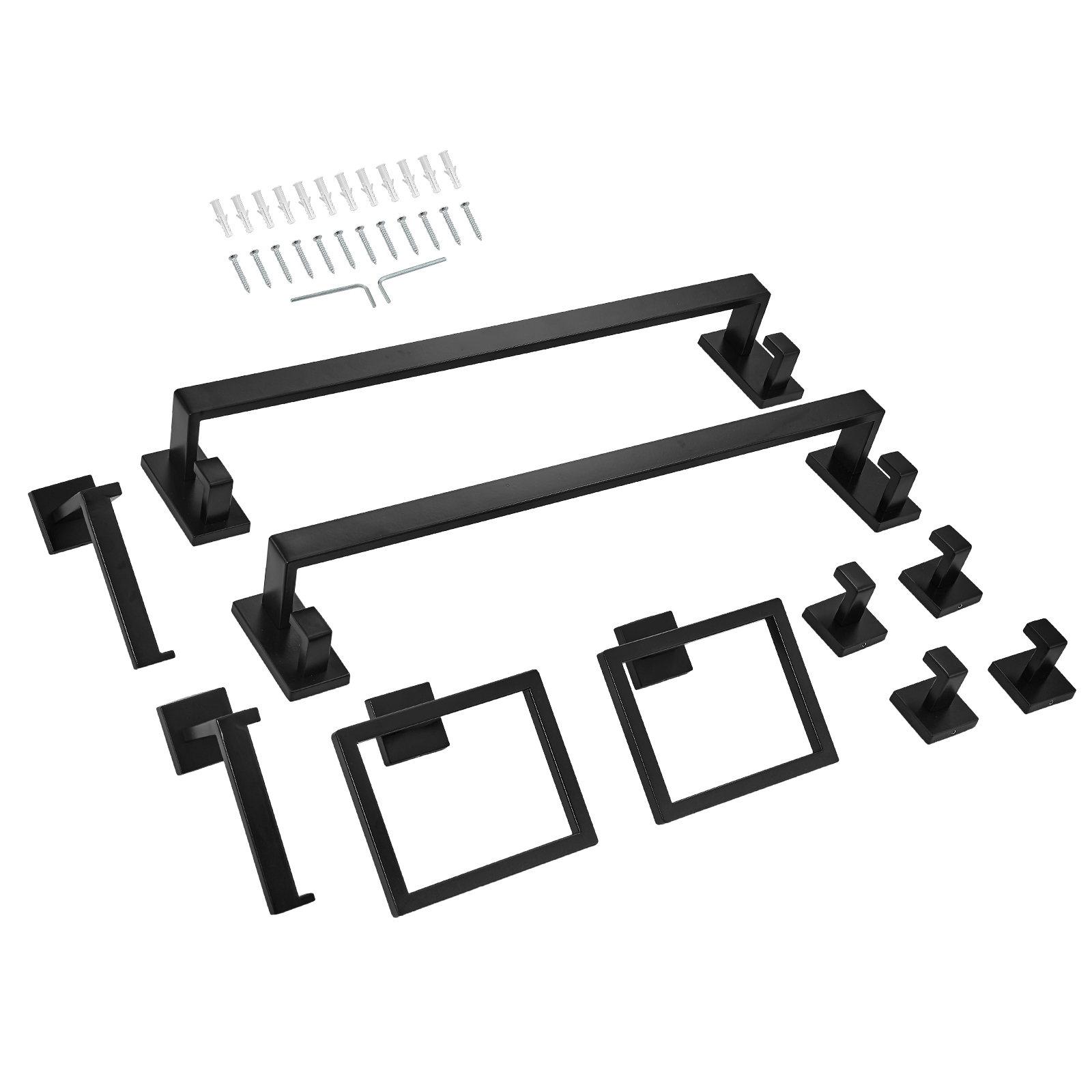 Mophorn 10-teiliges Badezimmer-zubehör-set Mit 2 Handtuchstangen, 2 Handtuchhaltern (quadratischer Ring), 2 Haken Und 2 Toilettenpapierhaltern, Wandmontierbar, Mattschwarz