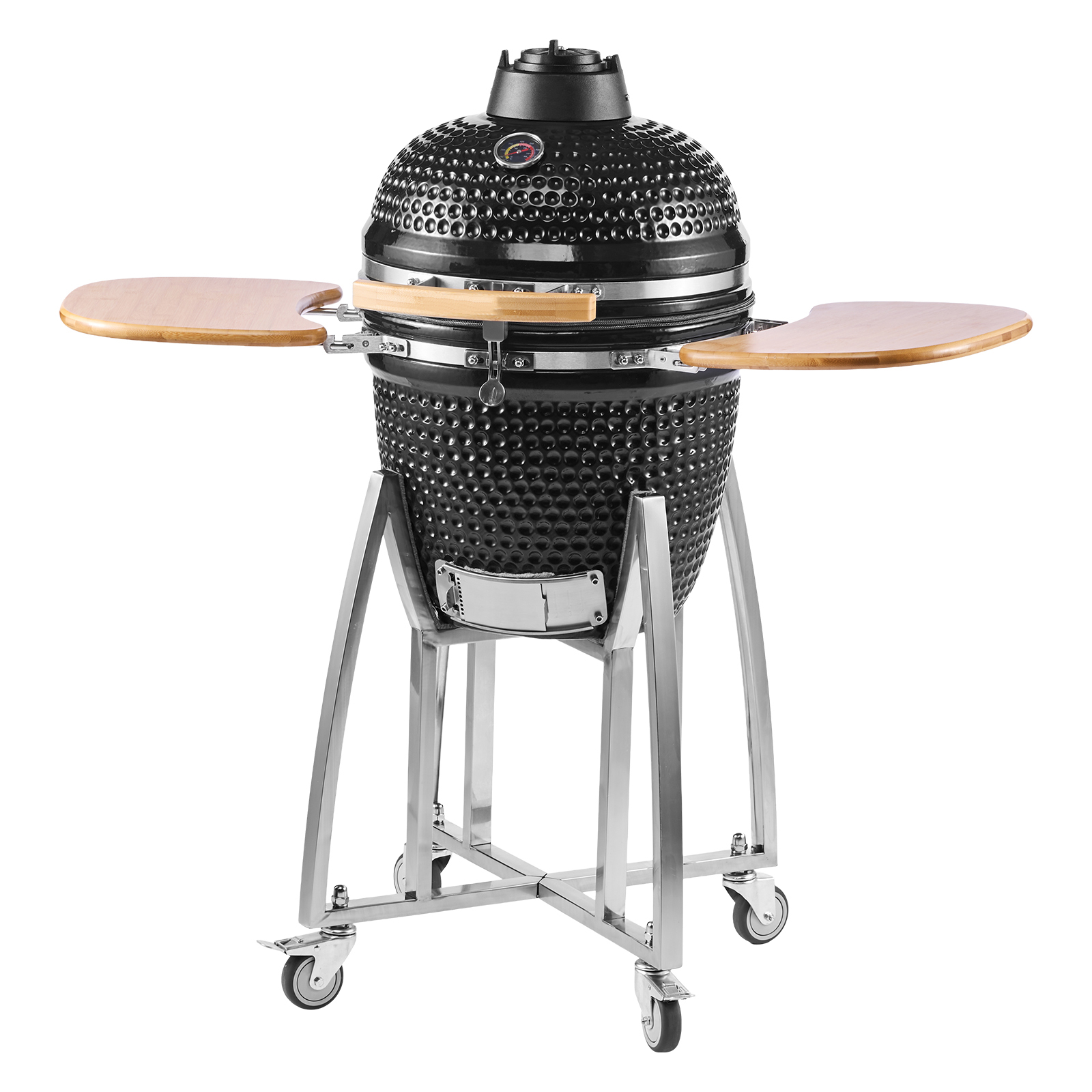 Mophorn Keramikgrill Kamado, Smoker Ø 450 Mm, Mit Holzgriffen, Praktischen Seitenablagen, Stabilem Metallgestell Mit Rollen & Thermometer Bis 400°c, Ideal Für Bbq, Grillen, Kochen & Backen Im Freien