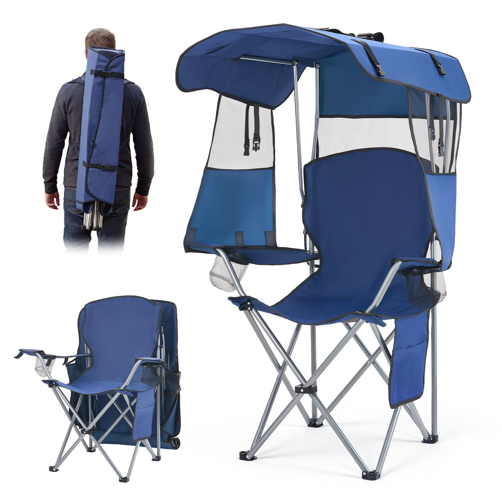 Mophorn Campingstuhl Klappbar 150 Kg Belastbar, Outdoor-stuhl Mit Sonnenschutz & Aufbewahrungstasche, Faltstuhl Mit 2 Getränkehaltern, Ideal Für Angeln, Picknicks Und Camping In Dunkelblau
