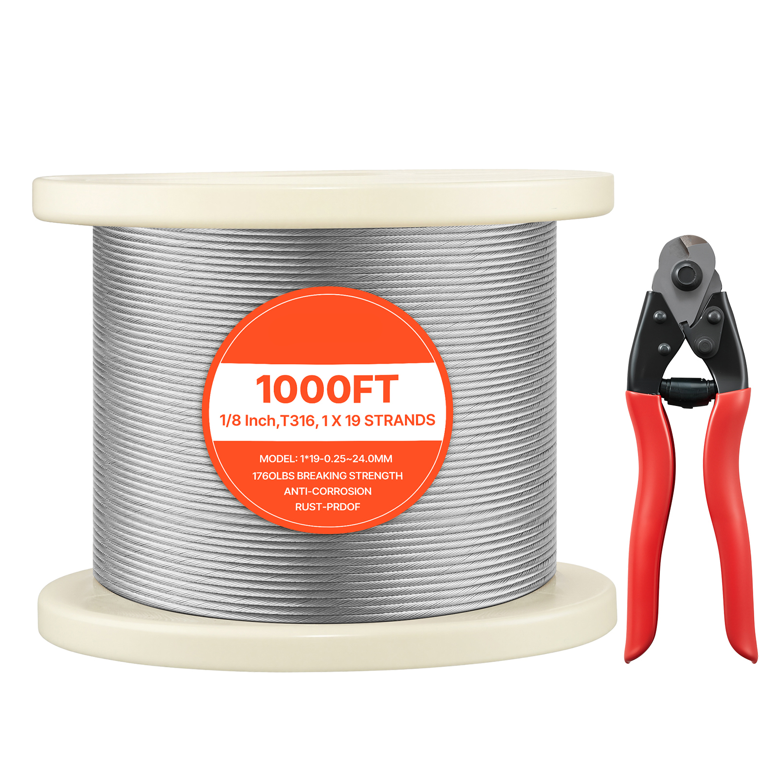 Mophorn Edelstahldrahtseil Φ3,2 Mm, 304,8 M Länge, Drahtseil Aus Edelstahl 316 Mit Einer Bruchlast Von 798 Kg, 1 X 19 Litzen, Geeignet Für Terrassengeländer Und Gartenspaliere, Inkl. Drahtschneider