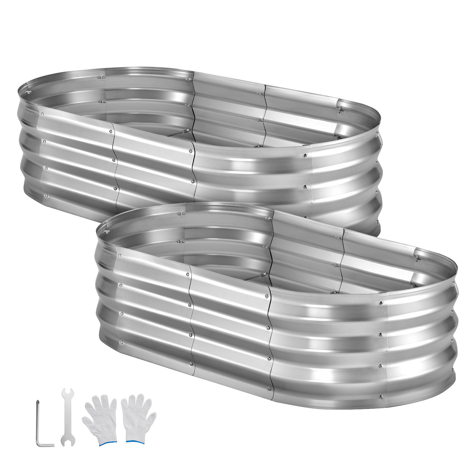 Mophorn Metall-hochbeet 2er-set 120x60x30 Cm, Ovales Gartenbeet Für Den Außenbereich, Pflanzkasten-set Mit Handschuhen, Ideal Für Blumen Und Gemüse, Silber