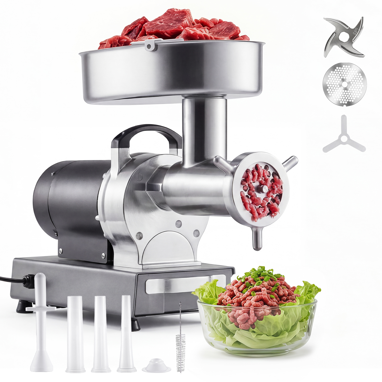 Mophorn Elektrischer Fleischwolf, 9,5 Kg/min Kapazität, 32 Modell Mit 3 Lochscheiben, Wurstfüller, 1100 W, 2-in-1 Edelstahl-küchengerät Für Gastronomie Und Haushalt