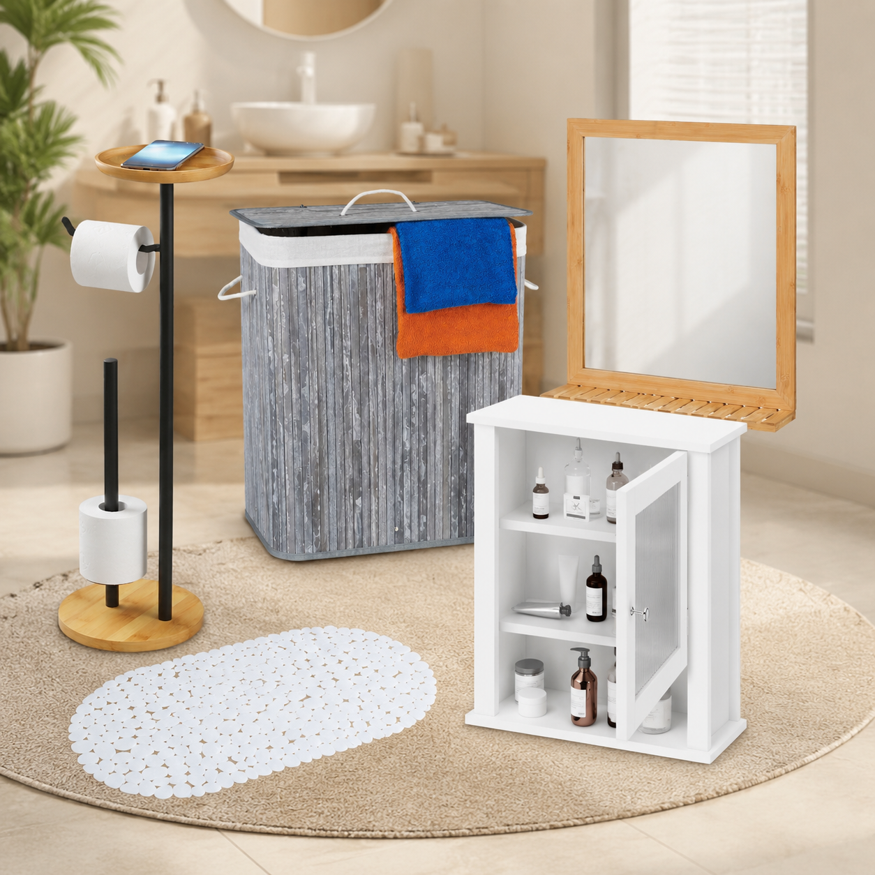 Bambus-badezimmer-auffrischungsset (5-teilig) – Wandspiegel, Wandschrank Und Rutschfeste Badematte