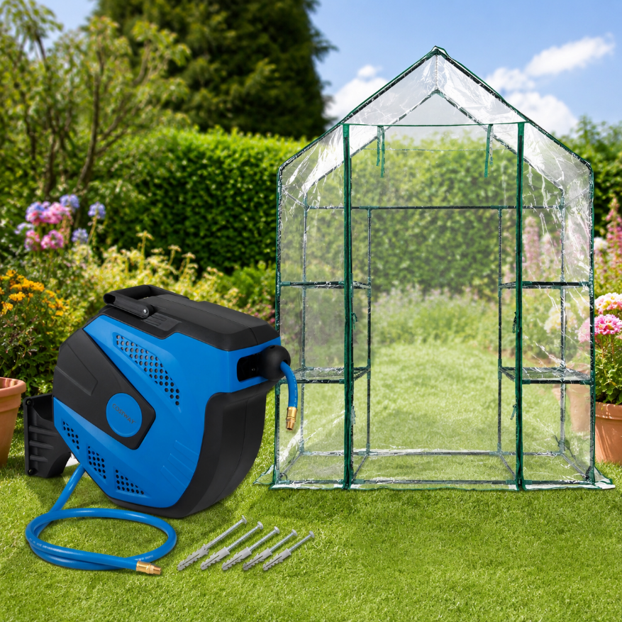Gartenset Für Den Hinterhof (2-teilig) – Pvc-gewächshaus Mit Regalen Und 15 M Luftschlauchaufroller