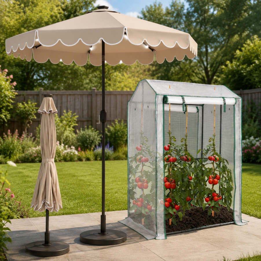 Garten-set Für Den Außenbereich (2-teilig) – Aufrollbares Gewächshaus & 300 Cm Großer Solar-led-sonnenschirm