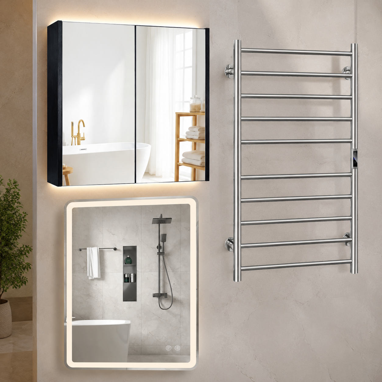 Beheiztes Led-badezimmer-set (3-teilig) – Beschlagfreier Spiegel, Handtuchwärmer Mit 10 Bar Und Schwarzer Spiegelschrank