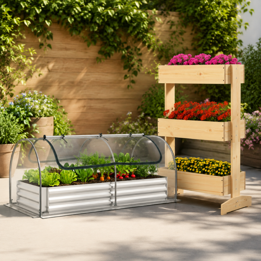 Vertikales Garten-set (2-teilig) – 3-stöckiger Pflanzkasten Und Hochbeet Aus Kiefernholz Mit Pvc-gewächshaus