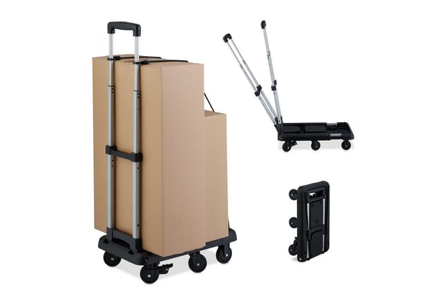 Relaxdays Transportwagen, klappbar, ausziehbar, Teleskopgriff, 4 Lenkrollen, 2 feststellbare Räder, bis 100 kg, schwarz