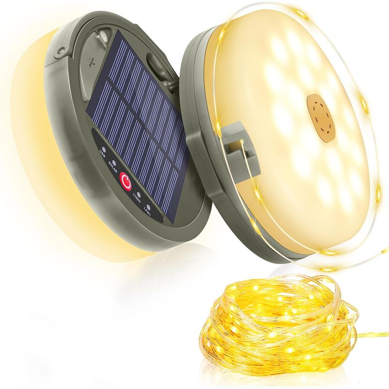12 Meter Lange Solar-lichterkette Für Camping In Warmen Farben – 2-in-1-faltlampe, 8 Modi, Usb-aufladbar, Wasserdicht, Ideal Für Zelte, Terrassen Und Outdoor-aktivitäten