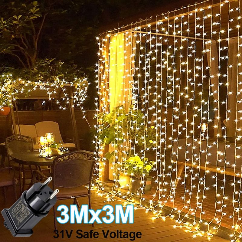Lichterkette Mit Warmweißen Leds, 3 X 3 Meter, 8 Beleuchtungsmodi, Ideal Für Gartenpartys Und Weihnachtsfeiern Im Innen- Und Außenbereich.