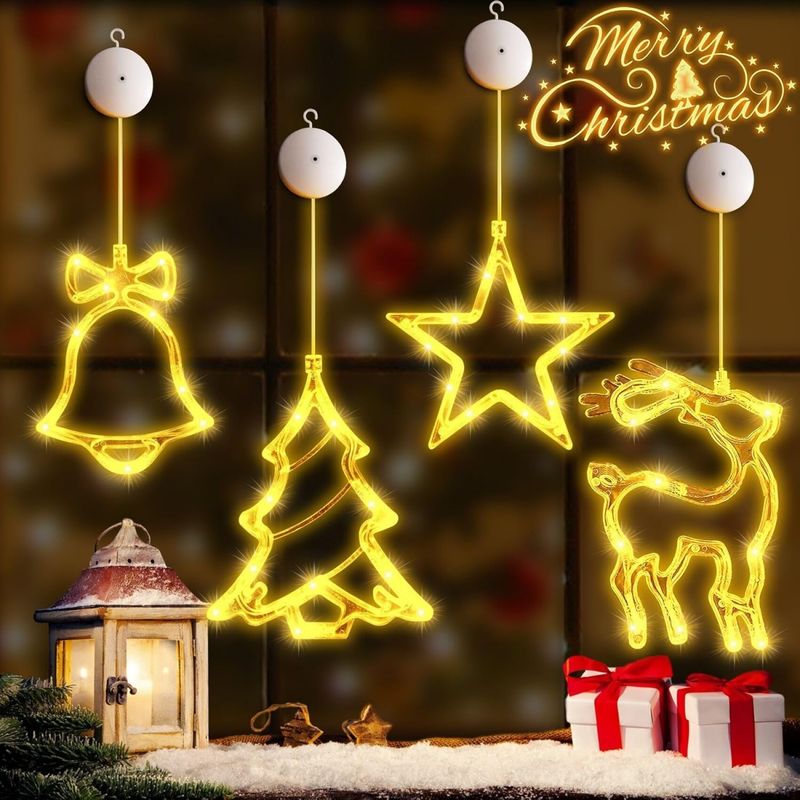 Led-lichterkette Für Fenster – 4er-set – Weihnachtslichterkette Mit Saugnäpfen – Led-lichter – Geeignet Für Die Weihnachtsdekoration Im Innen- Und Außenbereich – Warmweißes Licht
