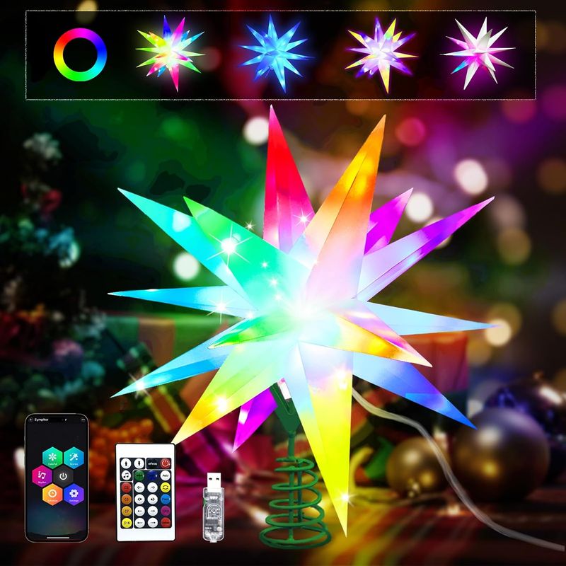 40 Cm (16 Zoll) Großer Weihnachtsbaumstern, Rgb-farbenwechselnder Leuchtstern, Bluetooth-app Und Fernbedienung Für Synchronisierte Musik, Geeignete Weihnachtsbaumdekoration