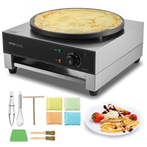 Vevor Elektrischer Crepemaker Crepe-maschine 1700 W Flache Crepe-grillplatte 40 Cm, Antihaftbeschichteter Fannkuchenherd Aus Edelstahl, Runder Cerealien-pfannkuchenherd, Temperaturregelung